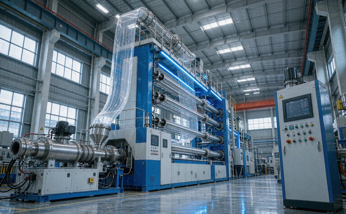 Blown film extrusion production line in factory